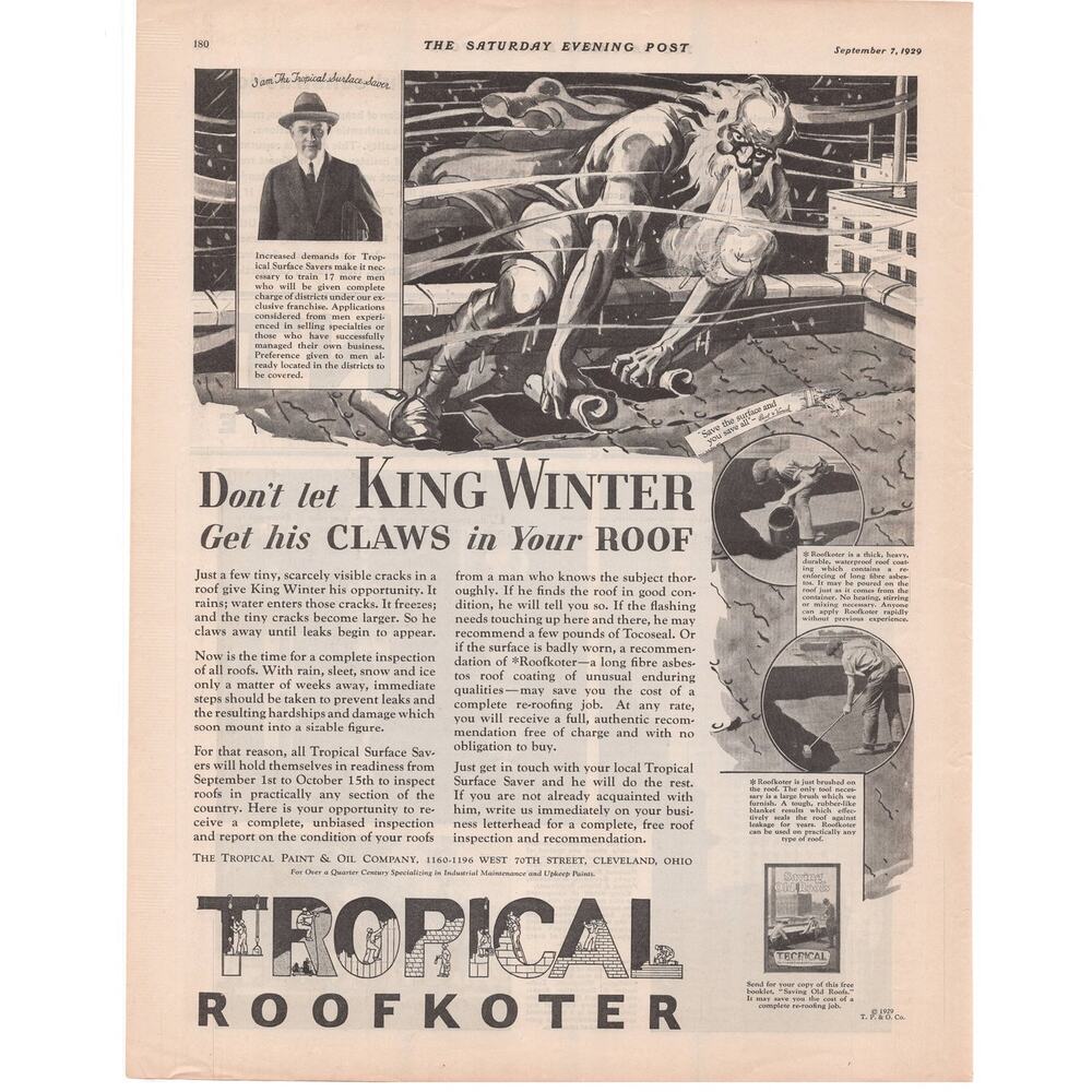 Tropical Paint & Oil Co Roofkoter Advertisement 1929 Vintage King Winter Home